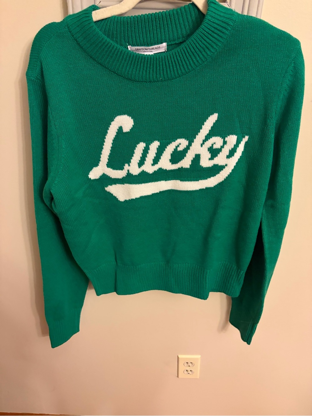 Grayson Threads Green Crewneck Sweater with White 'Lucky' Script
